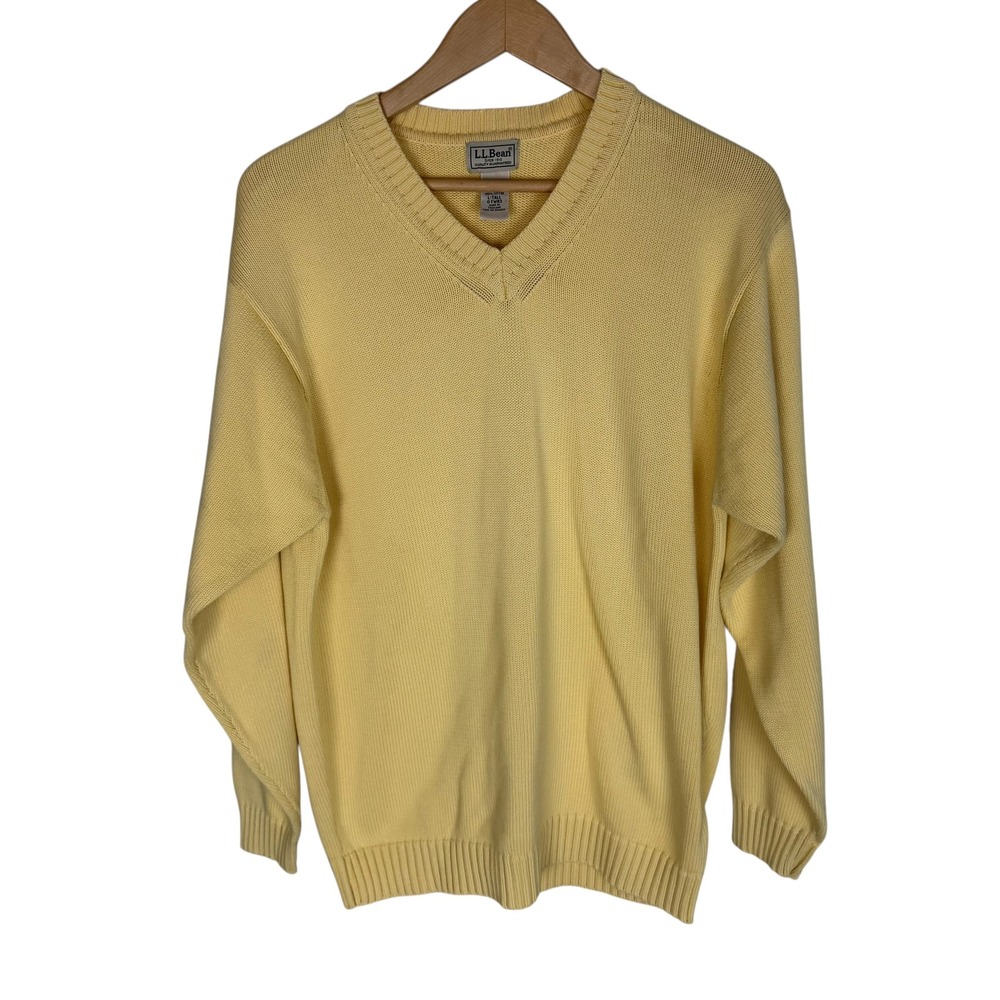 LL Bean Mens V-Neck‎ Sweater Yellow 100% Cotton Long Sleeve L-Tall
